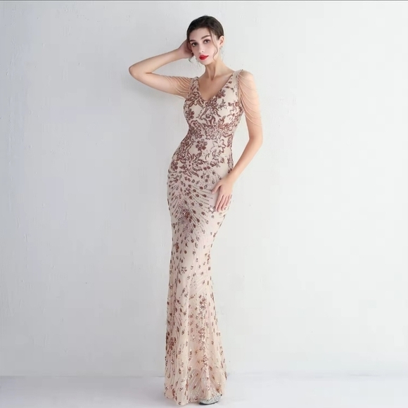 Gold, Floral Print,  V Neck,  Beaded Draped Sleeves,  Contrast Sequined Gown - Picture 11 of 16